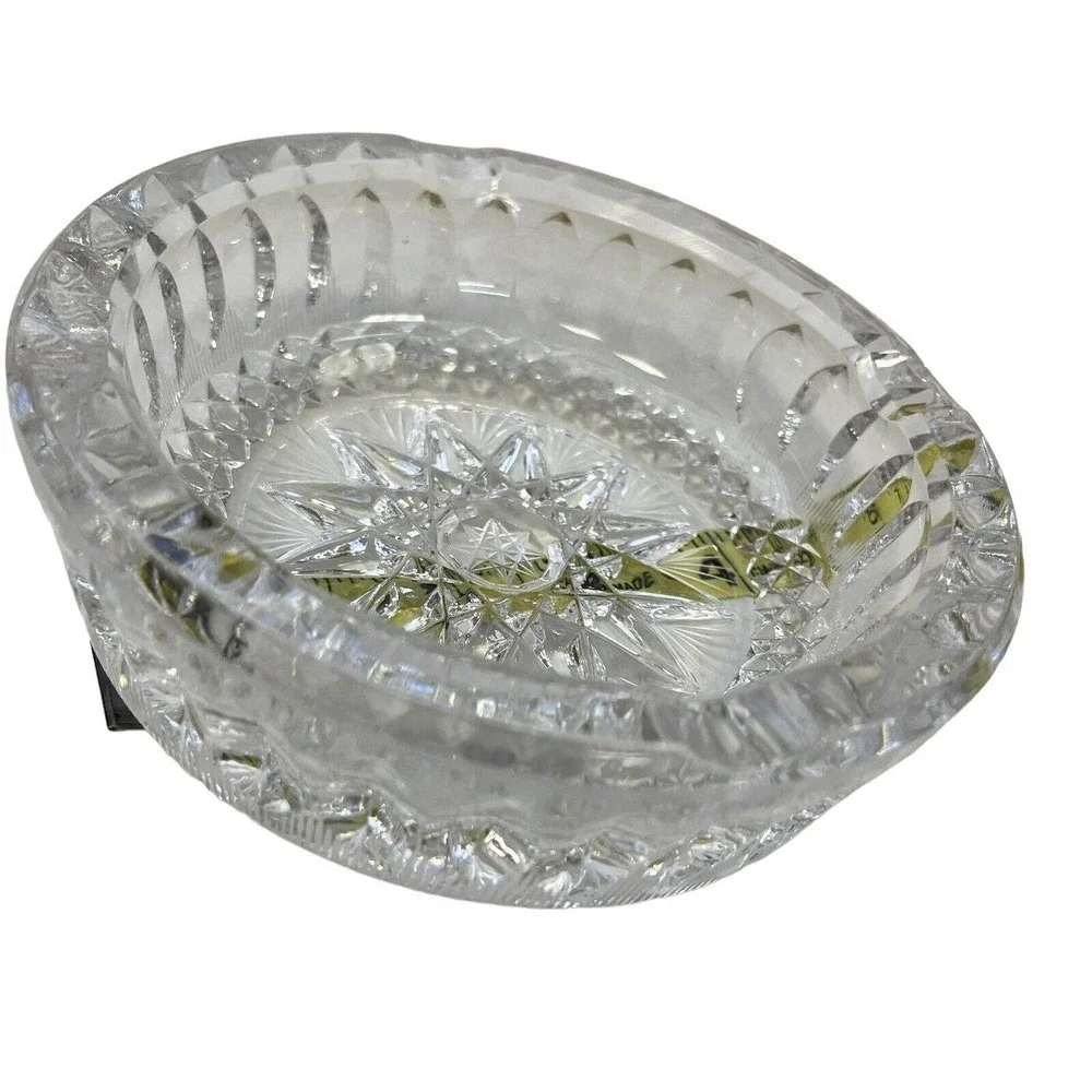 VINTAGE Crystal Cut Glass Ashtray Circle 4 Dip Heavy Flower Center